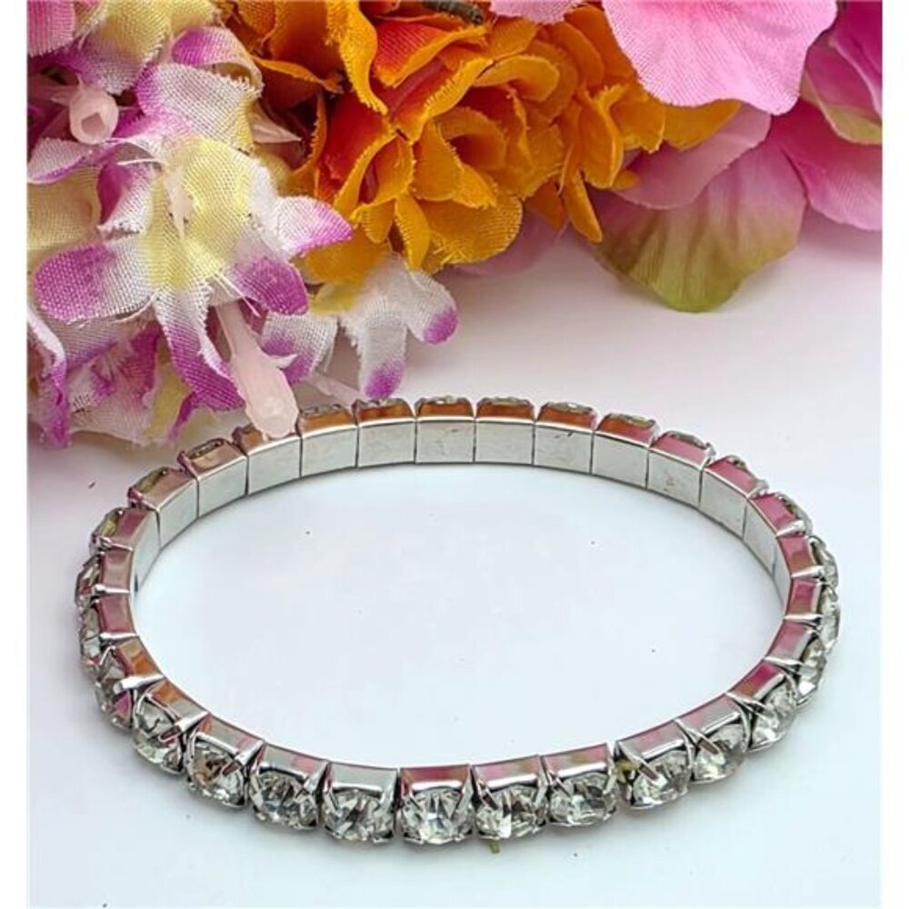 Silver-Tone Clear CZ Stretch Tennis Bracelet 6.75" Adjustable 5.2mm Wide Fashion